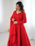 Lovely Red Lucknawi Work Georgette Wedding Wear Anarkali Suit With Dupatta