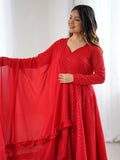 Lovely Red Lucknawi Work Georgette Wedding Wear Anarkali Suit With Dupatta