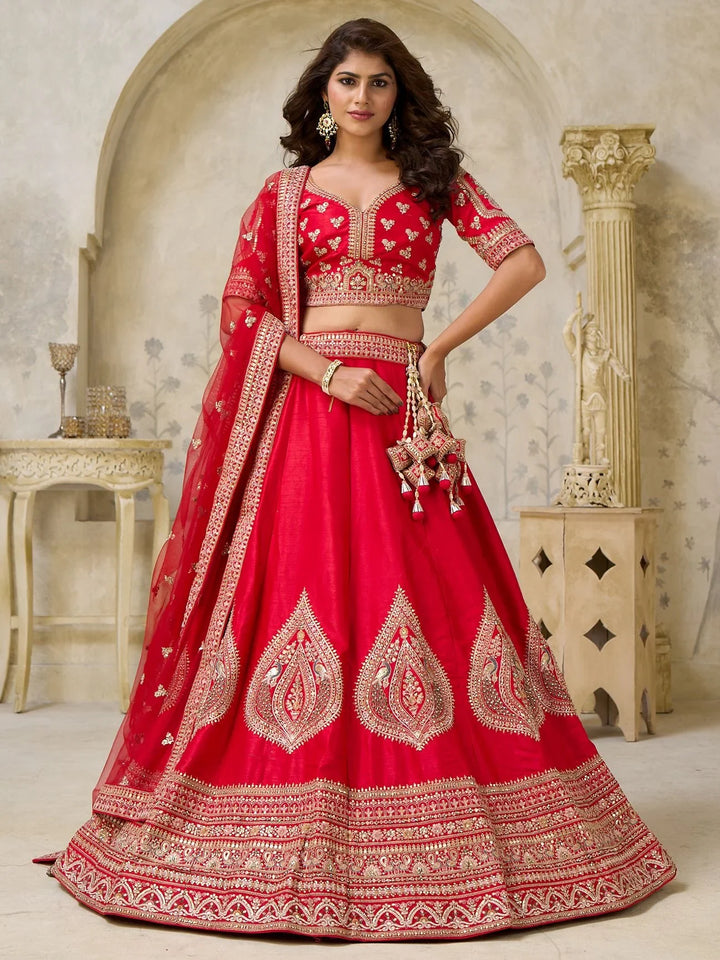 Lovely Red Sequins Embroidered Silk Bridal Lehenga Choli With Dupatta