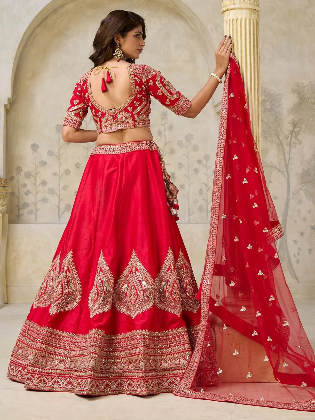 Lovely Red Sequins Embroidered Silk Bridal Lehenga Choli With Dupatta