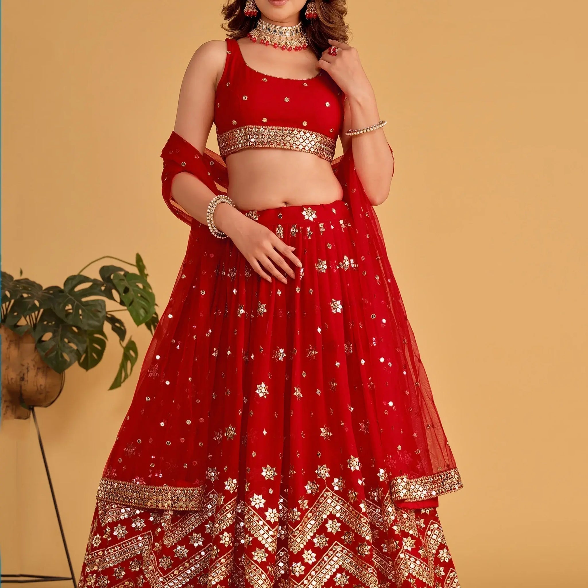 Lovely Red Sequins Georgette Engagement Wear Lehenga Choli - Zeel Clothing