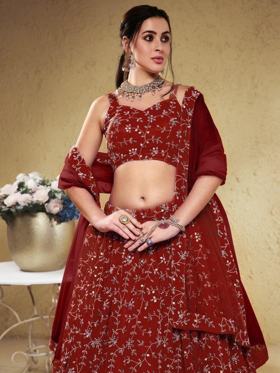 Lovely Red Sequins Georgette Lehenga Choli With Dupatta
