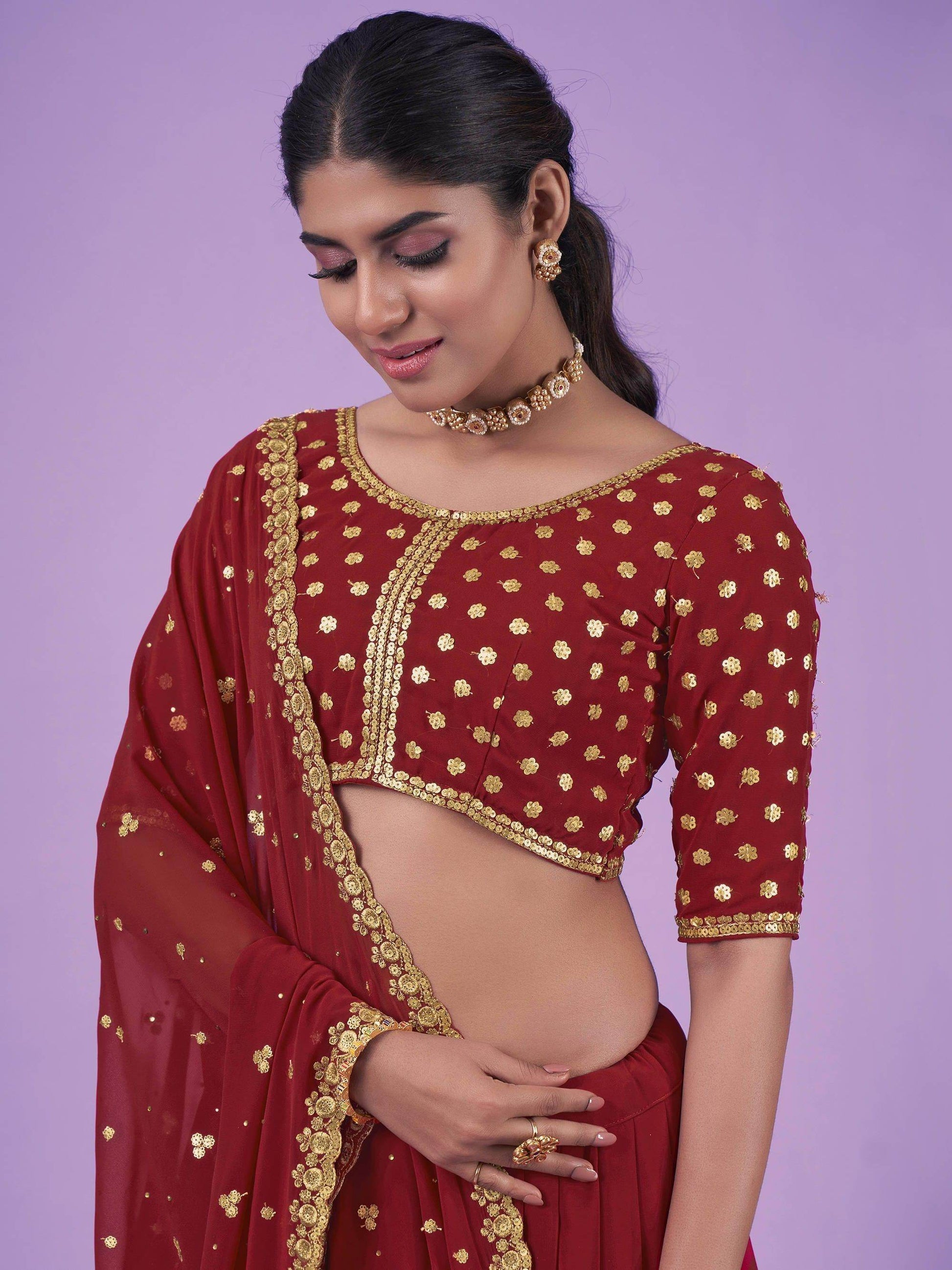 Lovely Red Sequins Georgette Wedding Wear Lehenga Choli - Zeel Clothing
