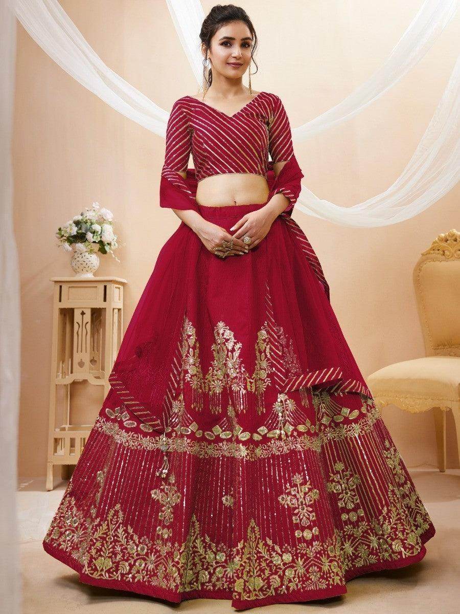Lovely Red Sequins Silk Wedding Wear Lehenga Choli With Dupatta - Zeel Clothing