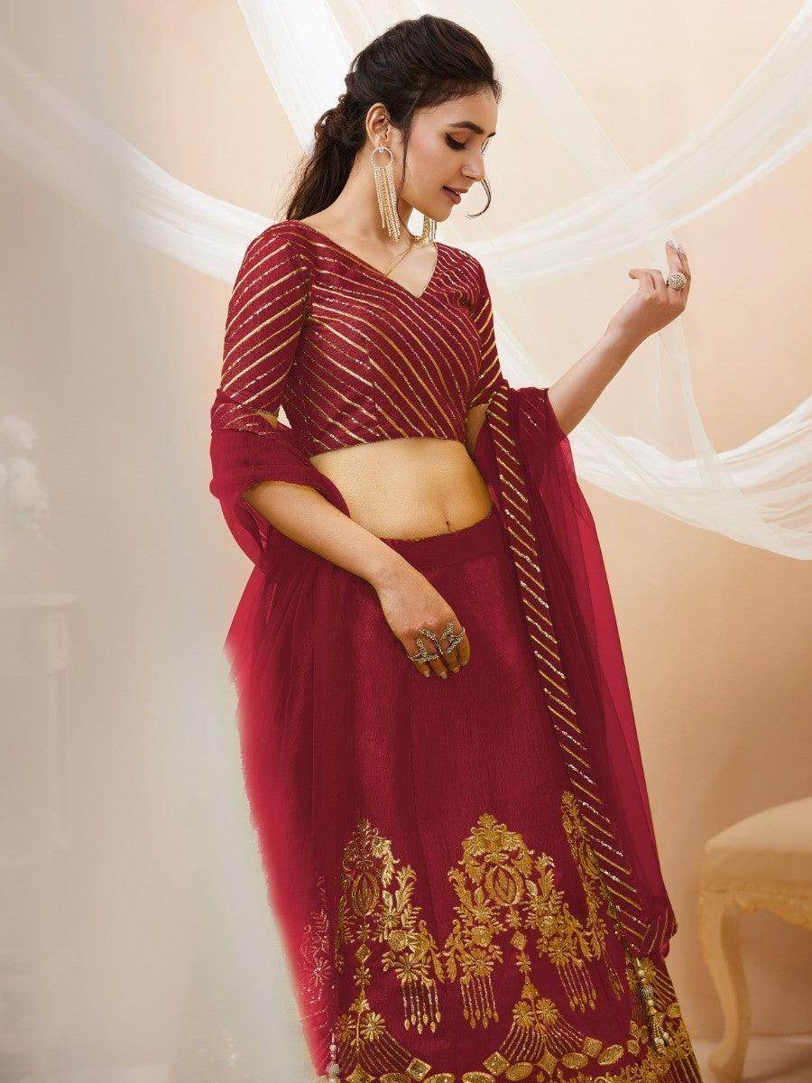 Lovely Red Sequins Silk Wedding Wear Lehenga Choli With Dupatta - Zeel Clothing