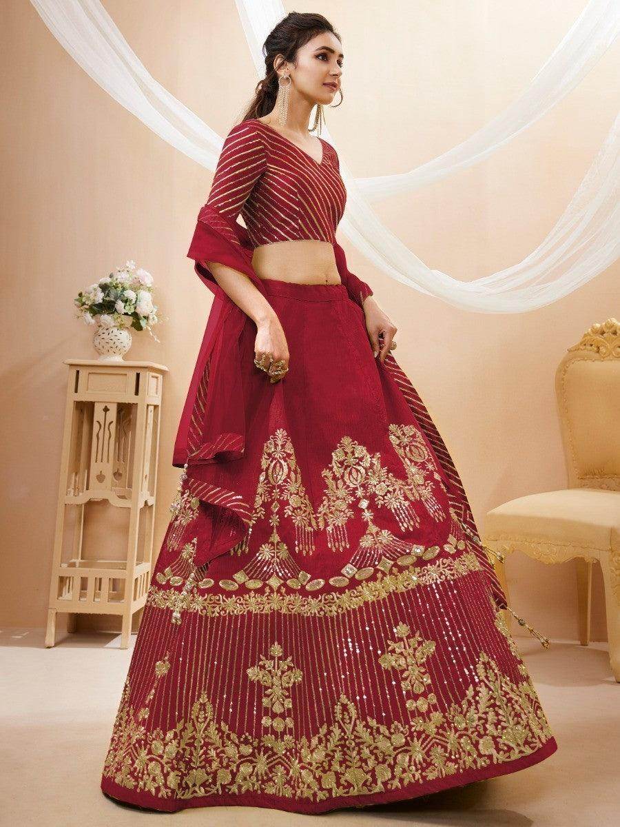 Lovely Red Sequins Silk Wedding Wear Lehenga Choli With Dupatta - Zeel Clothing