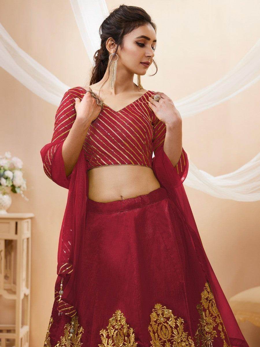 Lovely Red Sequins Silk Wedding Wear Lehenga Choli With Dupatta - Zeel Clothing
