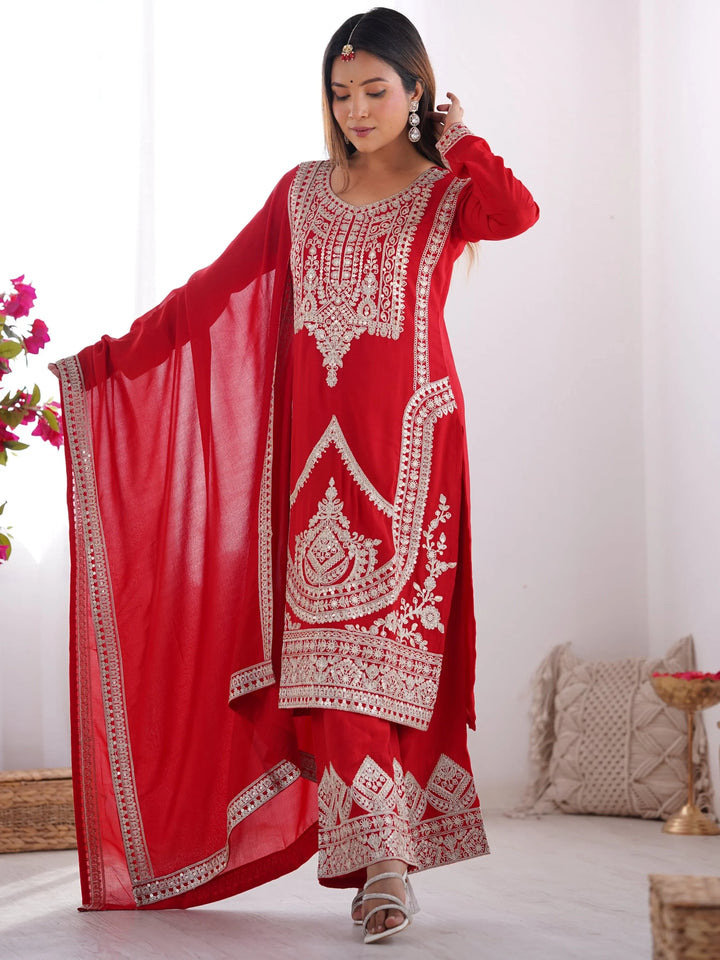 Lovely Red Sequins Vichitra Silk Wedding Wear Palazzo Suit - Zeel Clothing