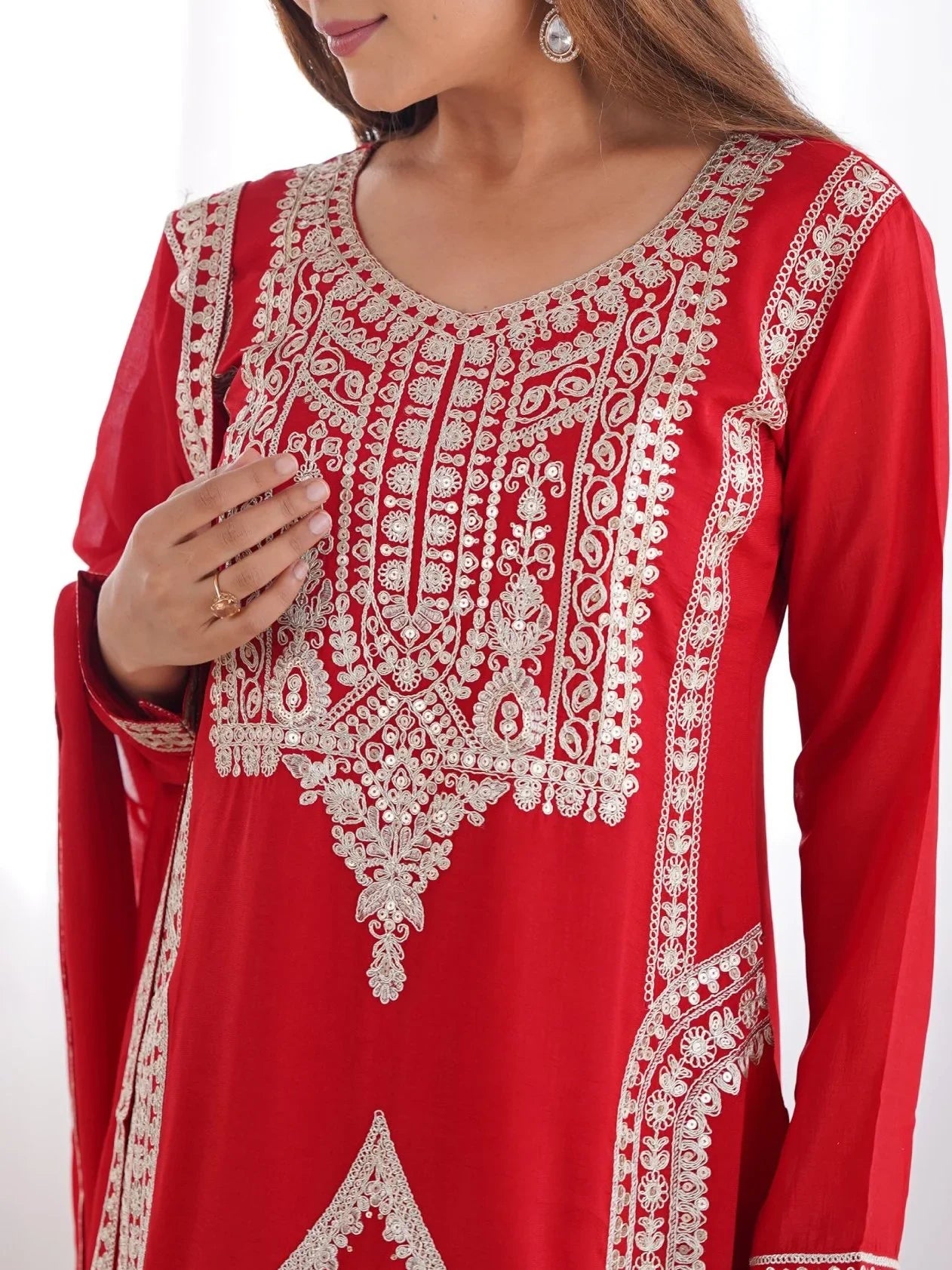 Lovely Red Sequins Vichitra Silk Wedding Wear Palazzo Suit - Zeel Clothing