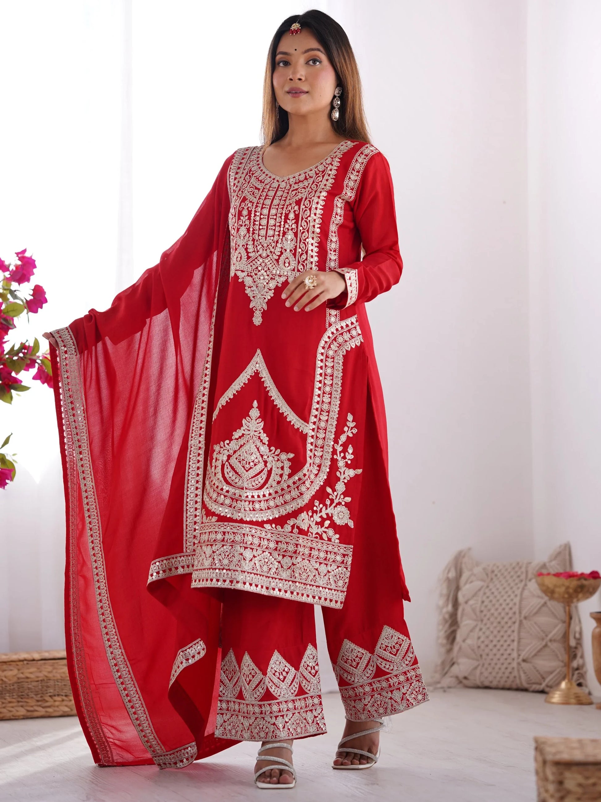 Lovely Red Sequins Vichitra Silk Wedding Wear Palazzo Suit - Zeel Clothing