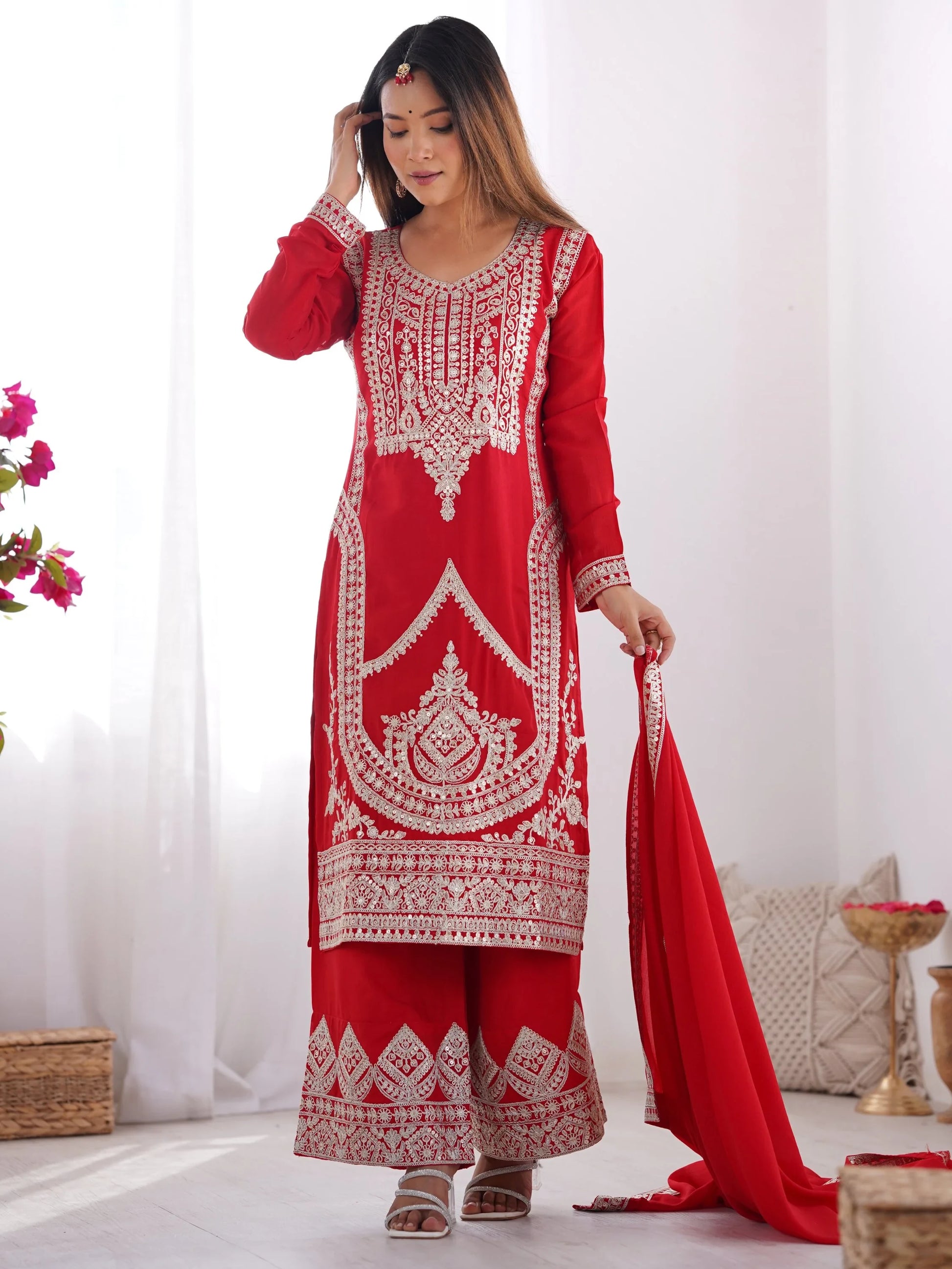 Lovely Red Sequins Vichitra Silk Wedding Wear Palazzo Suit - Zeel Clothing