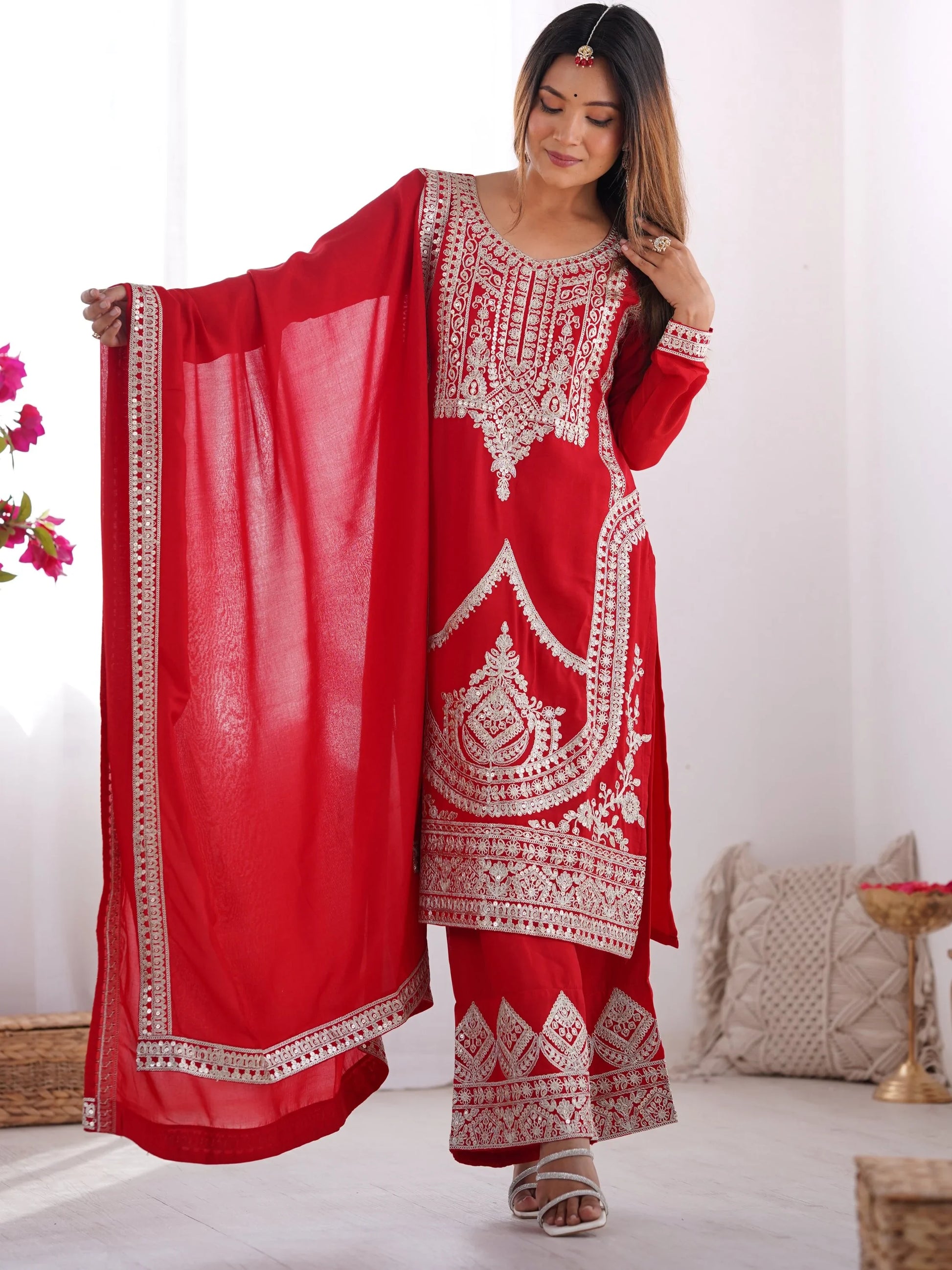 Lovely Red Sequins Vichitra Silk Wedding Wear Palazzo Suit - Zeel Clothing