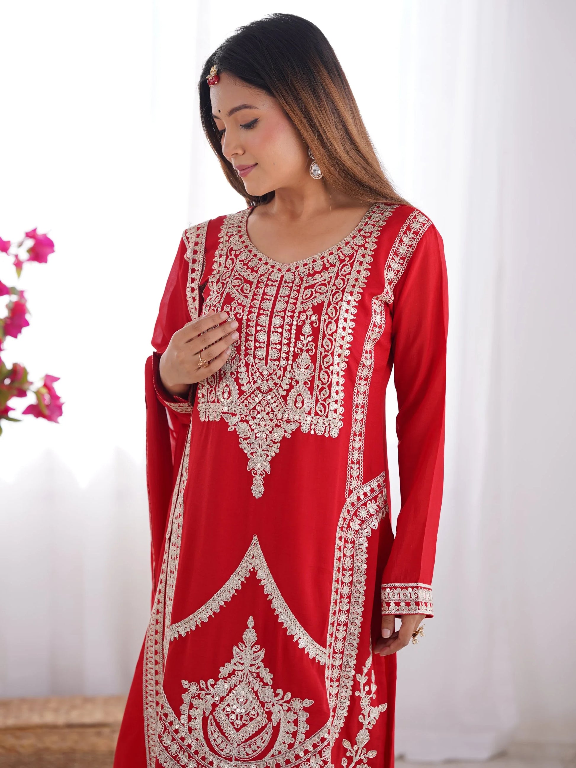 Lovely Red Sequins Vichitra Silk Wedding Wear Palazzo Suit - Zeel Clothing