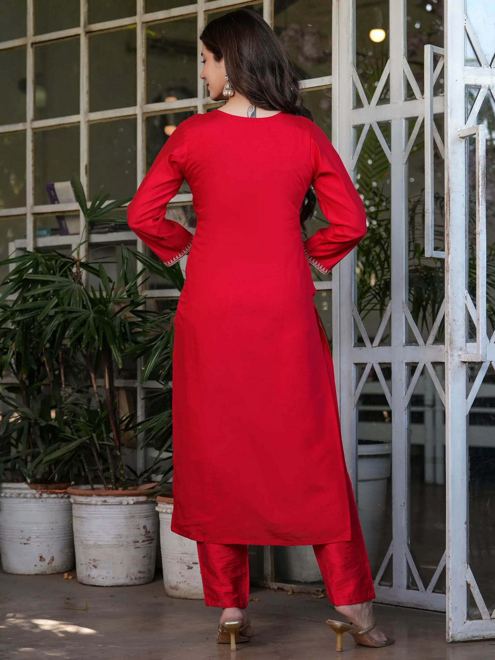 Lovely Red Sequins Viscose Silk Festive Wear Straight Pant Suit - Zeel Clothing