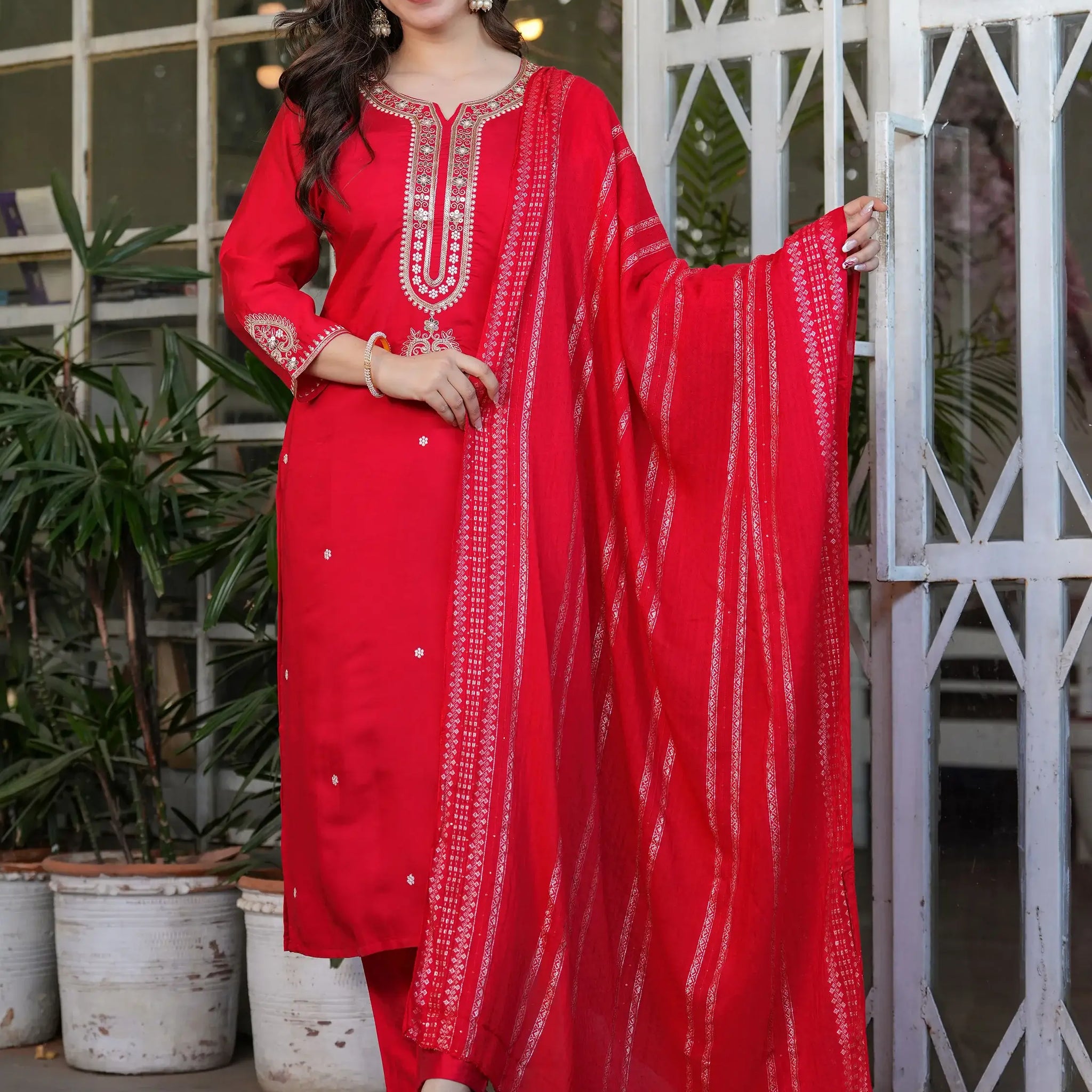 Lovely Red Sequins Viscose Silk Festive Wear Straight Pant Suit - Zeel Clothing