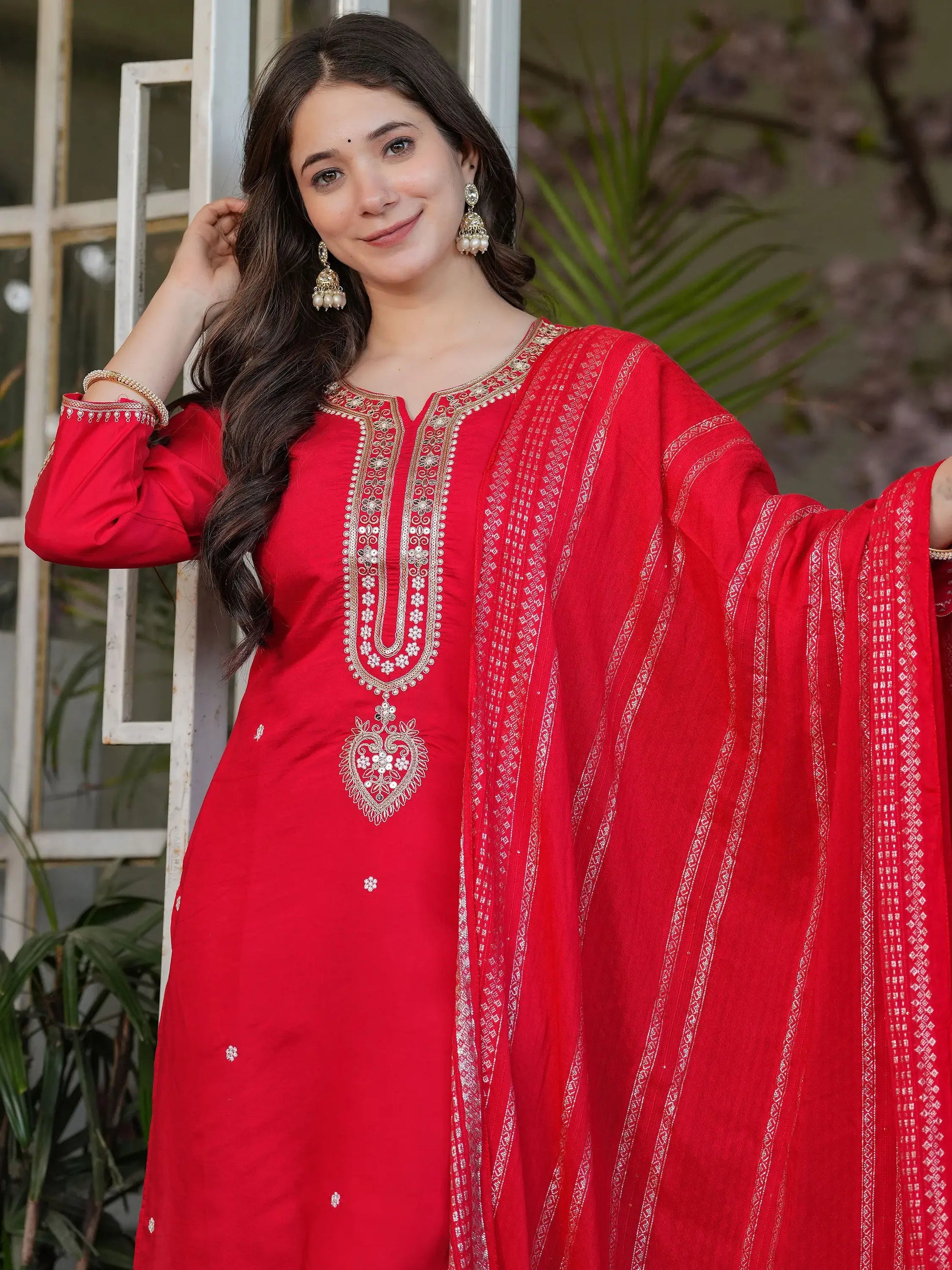 Lovely Red Sequins Viscose Silk Festive Wear Straight Pant Suit - Zeel Clothing