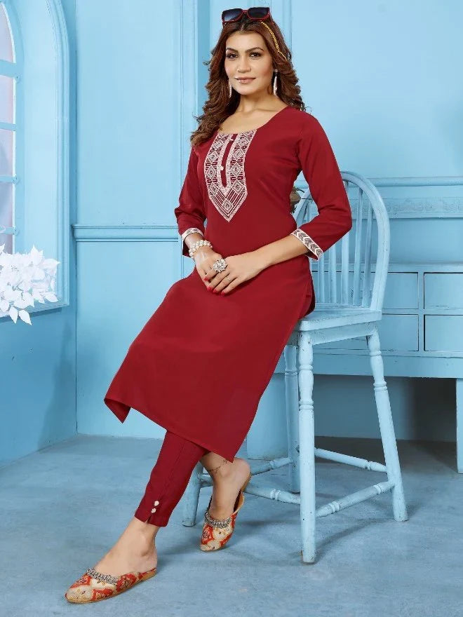 Lovely Red Thread Embroidered Rinkal Cotton Summer special Pant Suit - Zeel Clothing