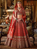 Lovely Red Thread Embroidered Silk Bridal Lehenga Choli With Double Dupatta