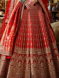 Lovely Red Thread Embroidered Silk Bridal Lehenga Choli With Double Dupatta