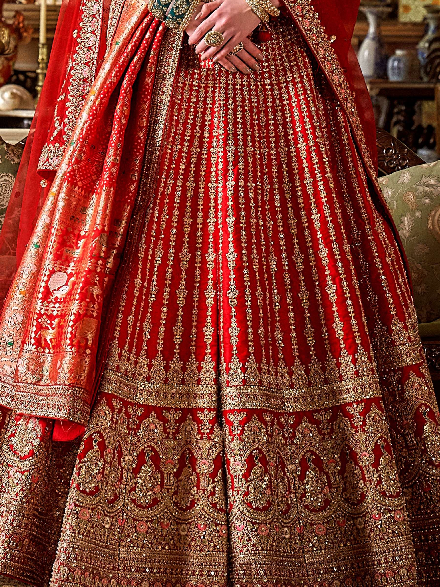Lovely Red Thread Embroidered Silk Bridal Lehenga Choli With Double Dupatta