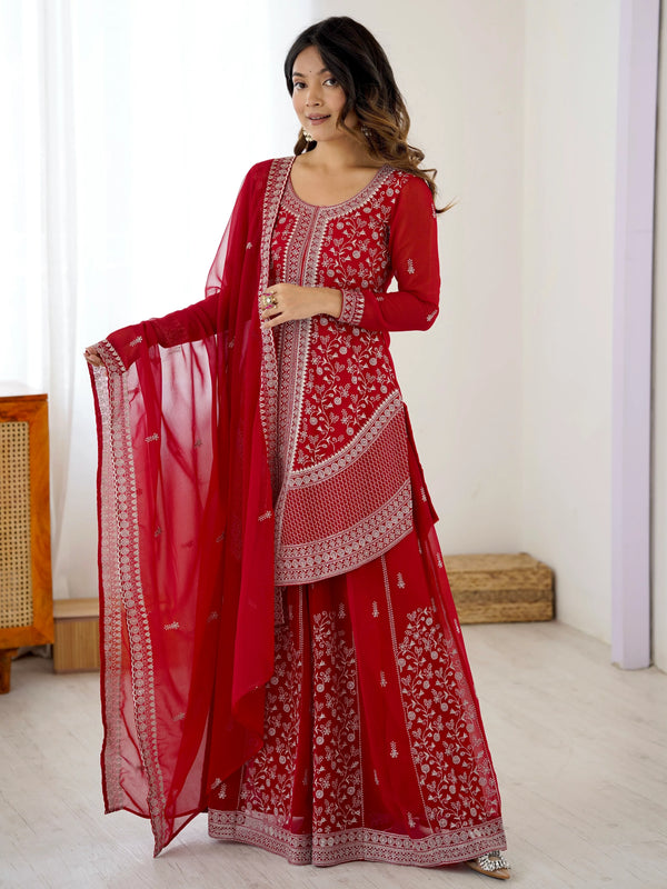 Lovely Red Thread Work Georgette Wedding Wear Palazzo Suit