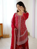 Lovely Red Thread Work Georgette Wedding Wear Palazzo Suit
