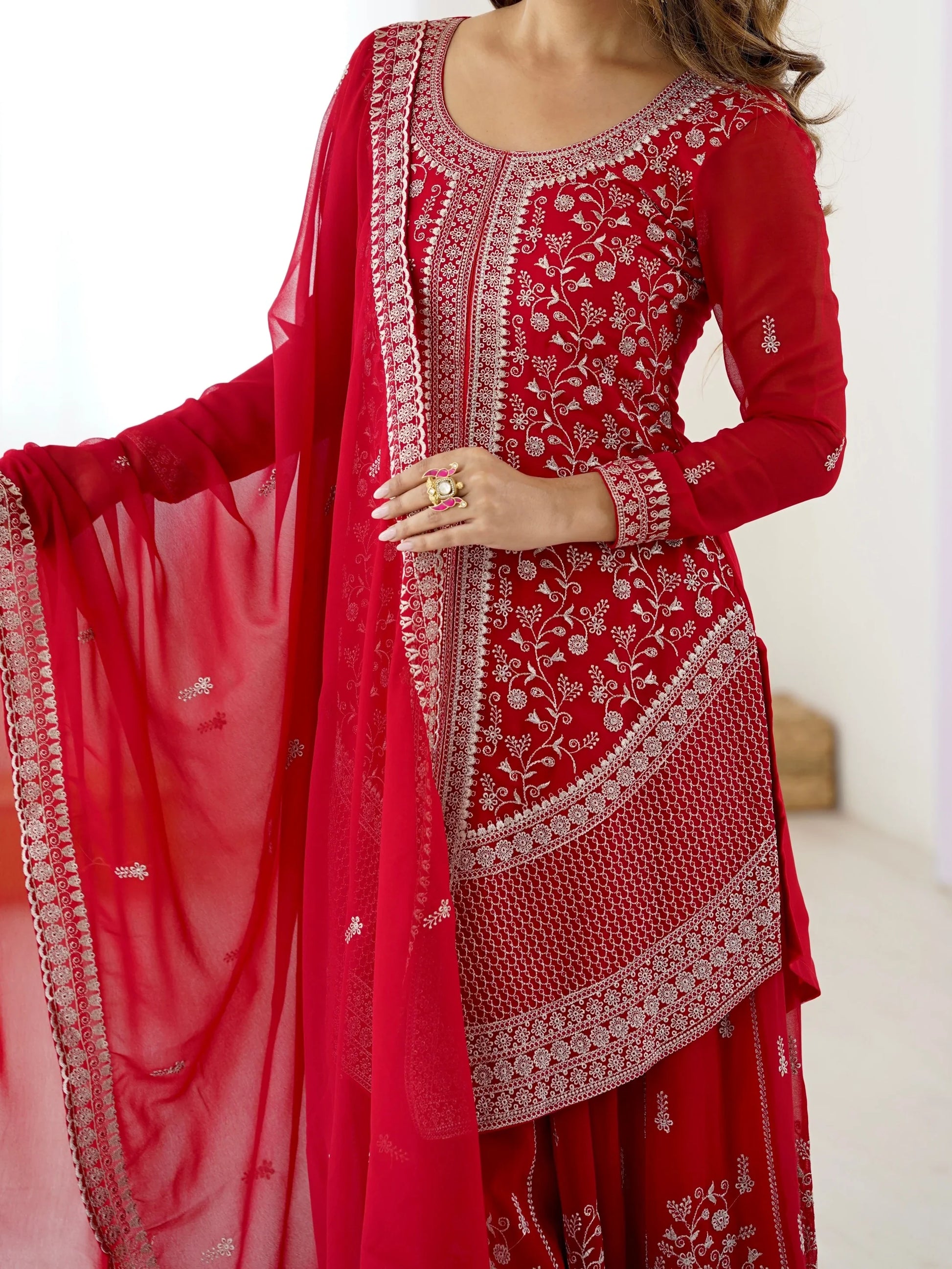 Lovely Red Thread Work Georgette Wedding Wear Palazzo Suit
