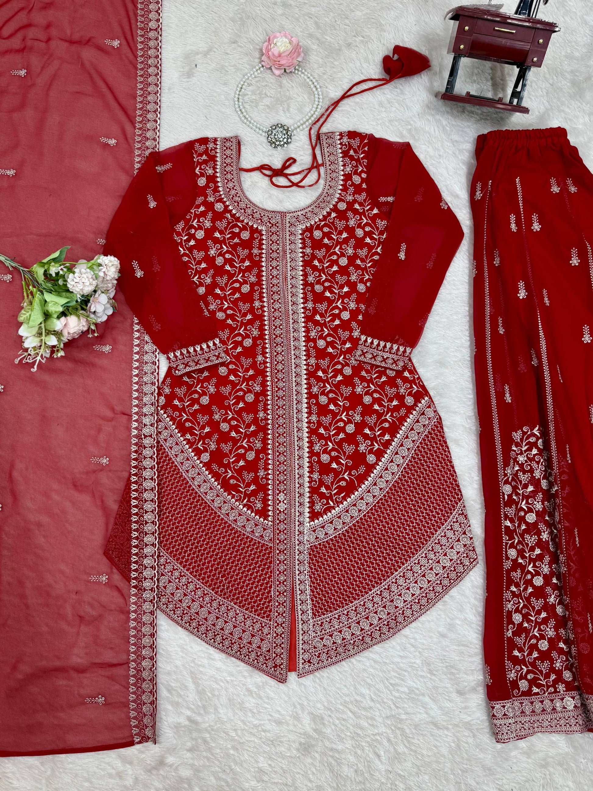 Lovely Red Thread Work Georgette Wedding Wear Palazzo Suit