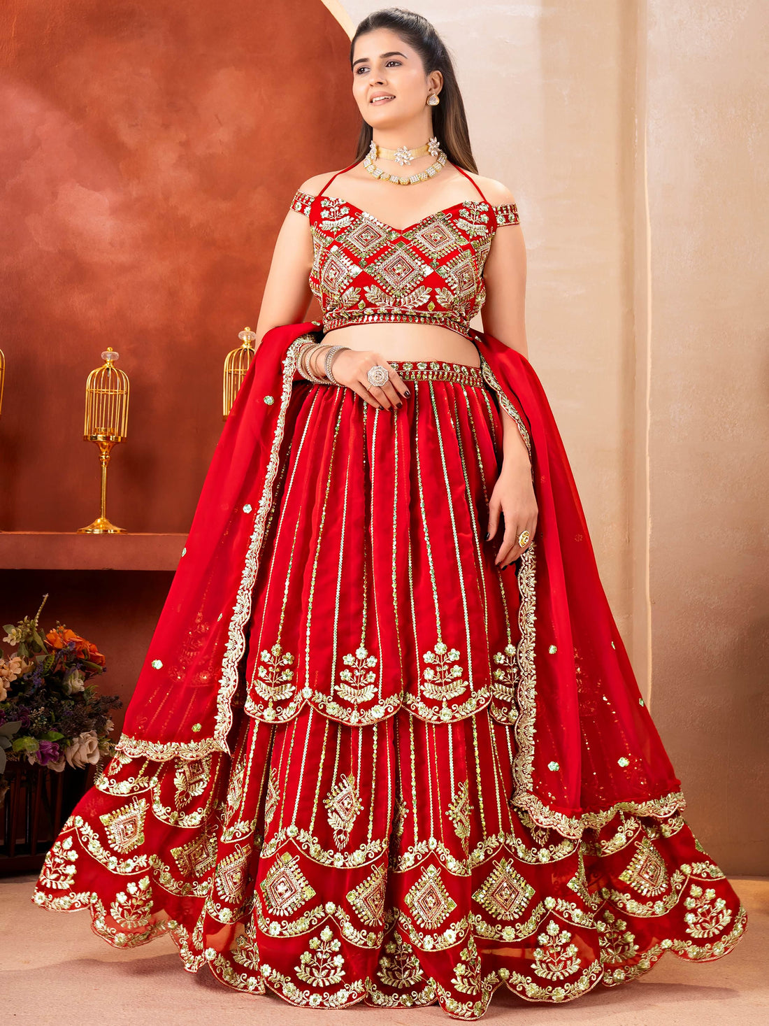 Lovely Red Zari Embroidery Georgette Wedding Wear Lehenga With Dupatta
