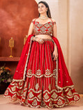 Lovely Red Zari Embroidery Georgette Wedding Wear Lehenga With Dupatta