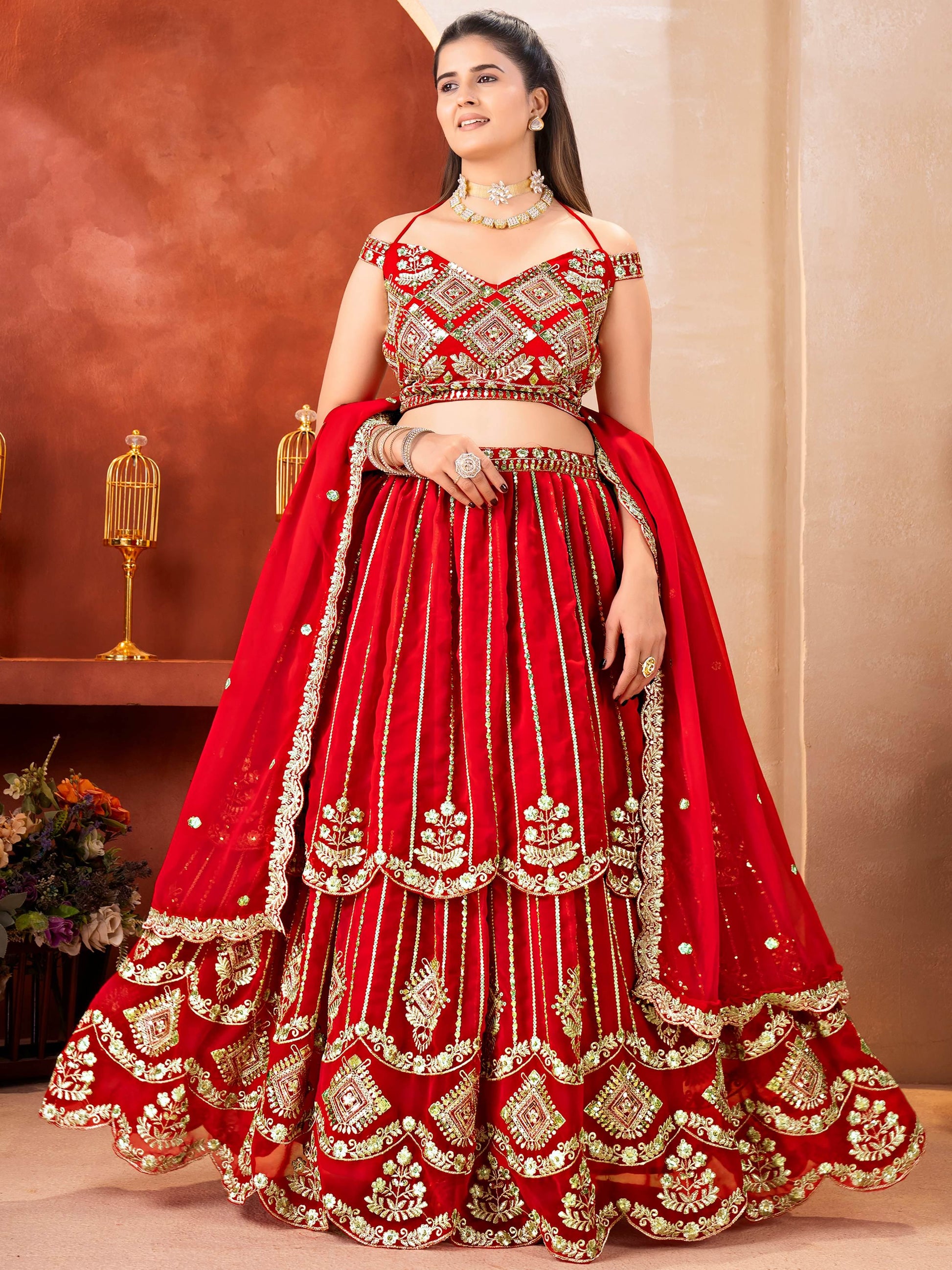 Lovely Red Zari Embroidery Georgette Wedding Wear Lehenga With Dupatta