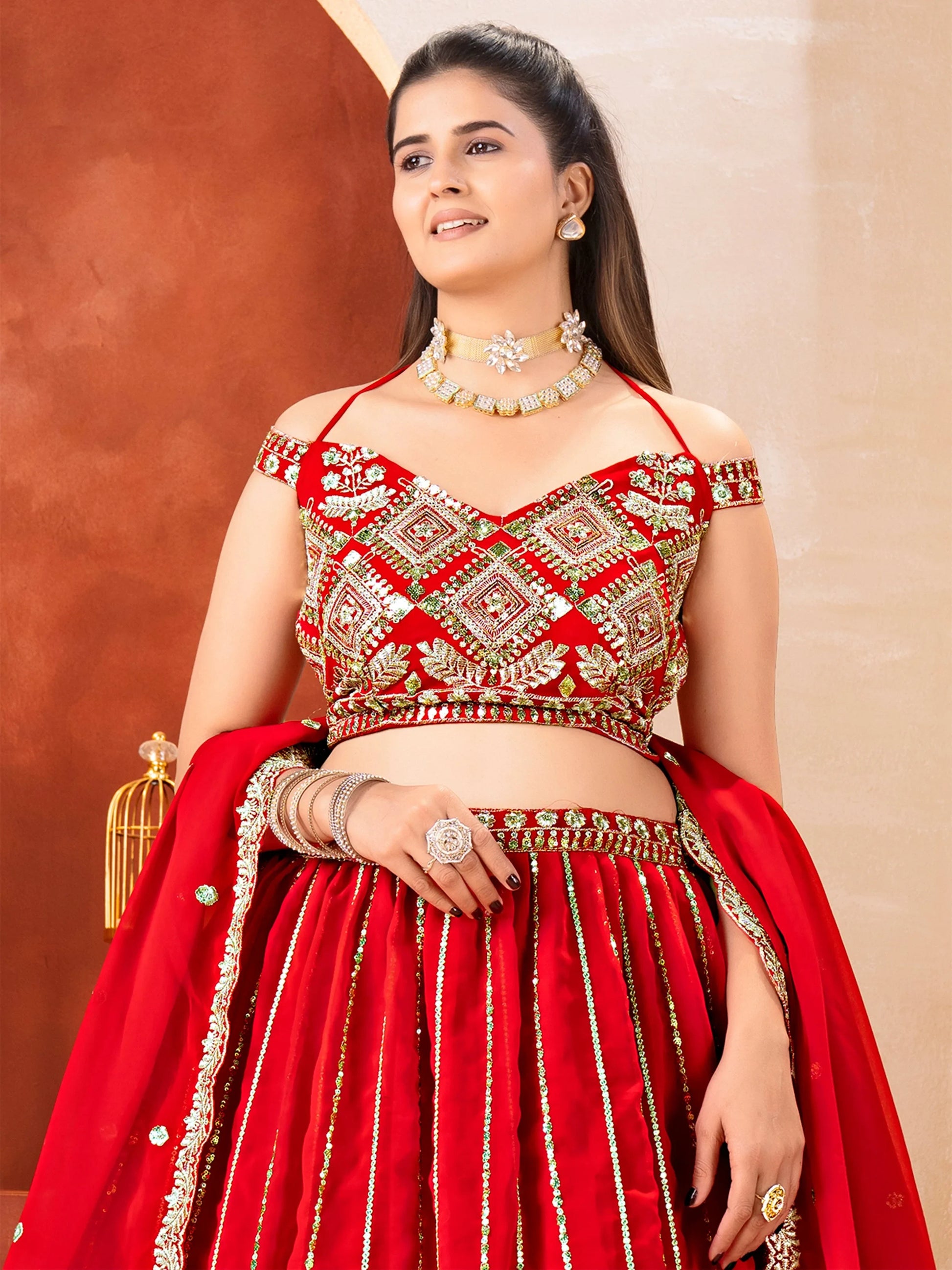 Lovely Red Zari Embroidery Georgette Wedding Wear Lehenga With Dupatta