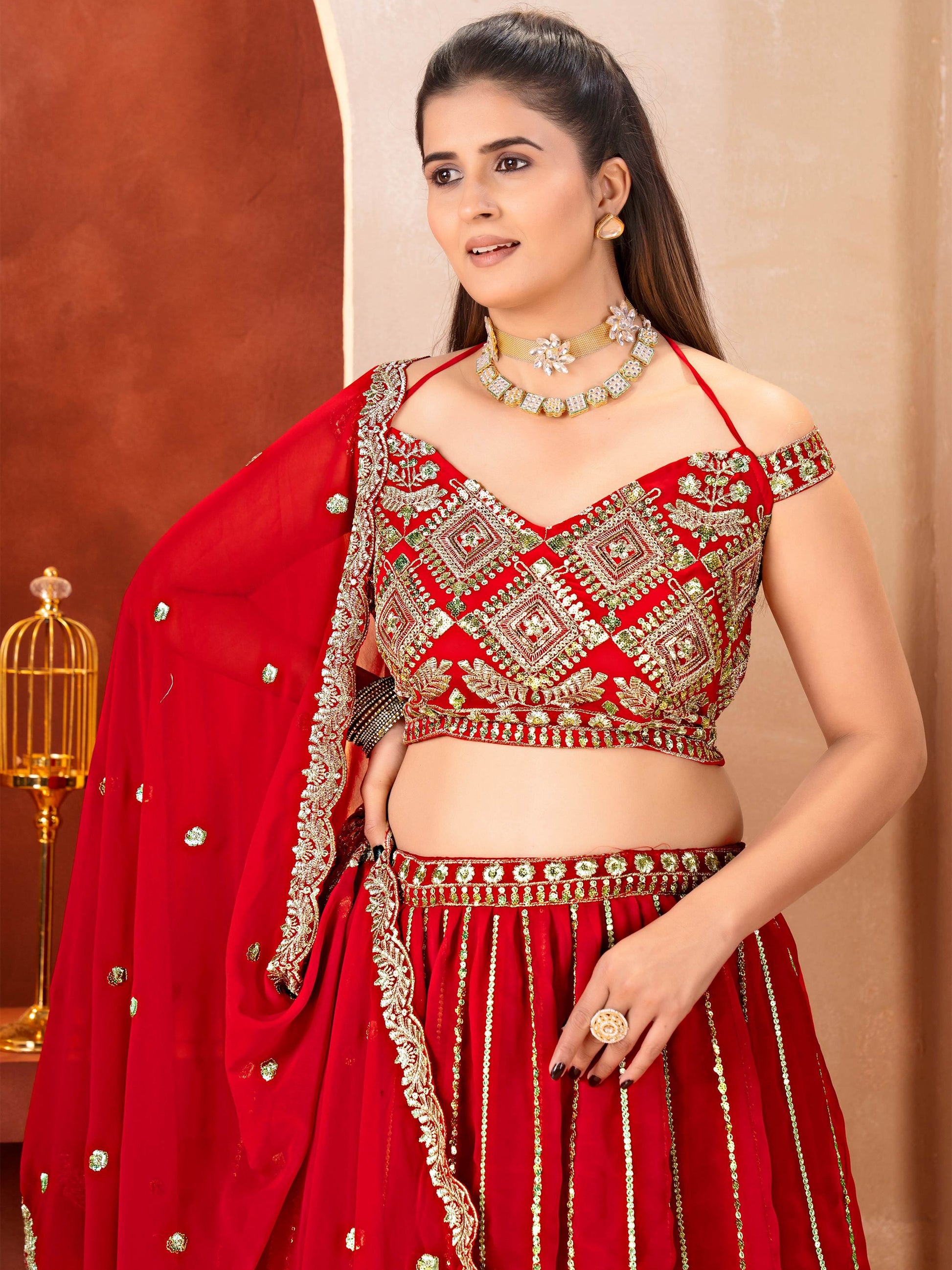 Lovely Red Zari Embroidery Georgette Wedding Wear Lehenga With Dupatta
