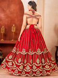 Lovely Red Zari Embroidery Georgette Wedding Wear Lehenga With Dupatta