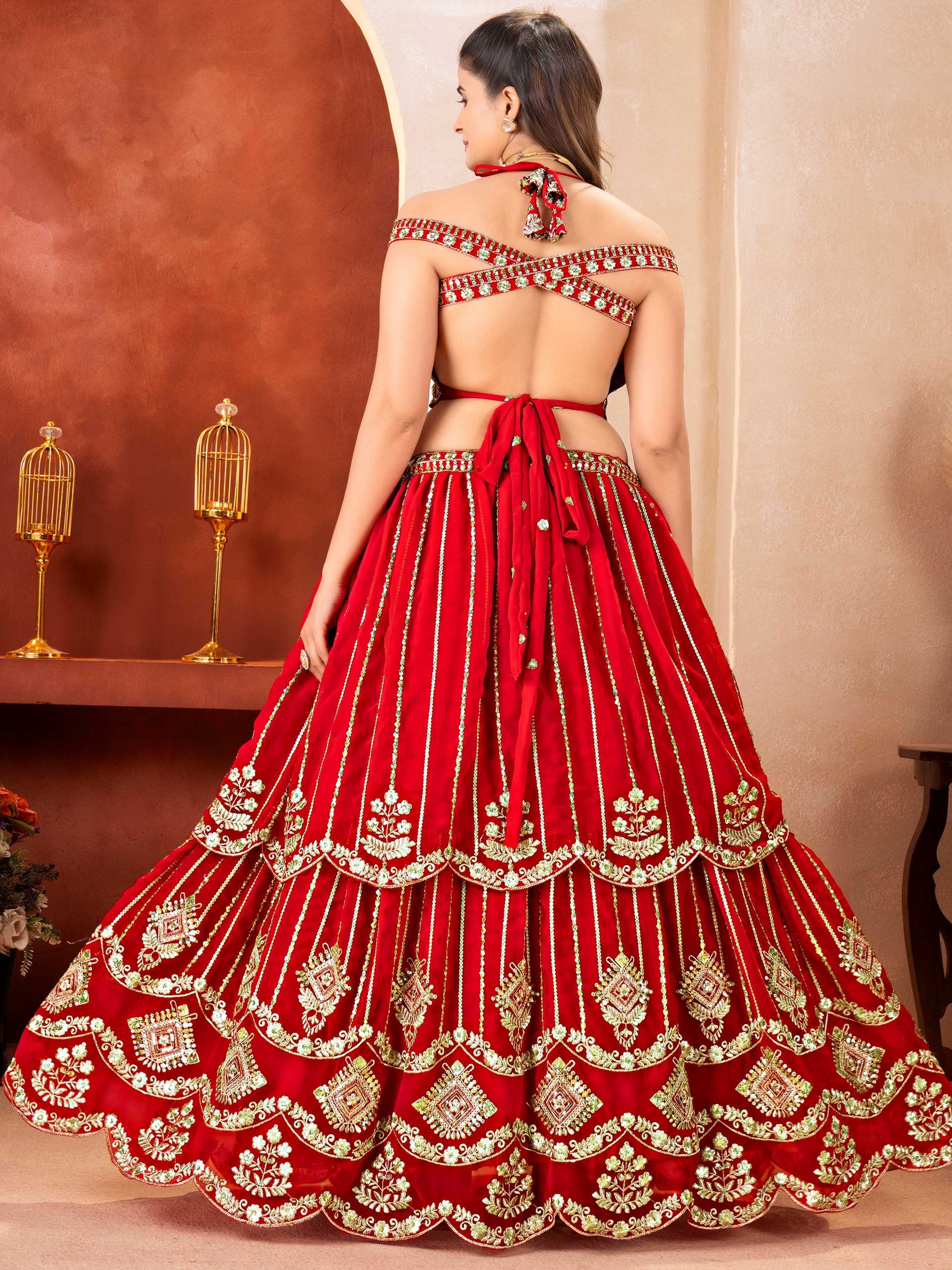 Lovely Red Zari Embroidery Georgette Wedding Wear Lehenga With Dupatta