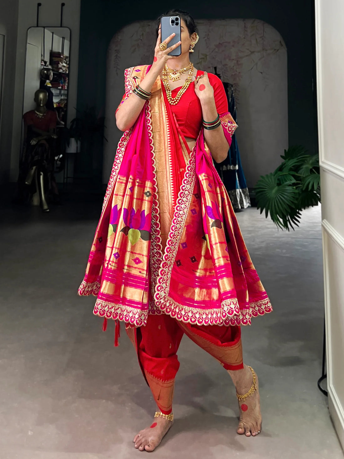 Lovely Red Zari Weaving Jacquard Nauvari Traditional Paithani Saree With Dupatta - Zeel Clothing