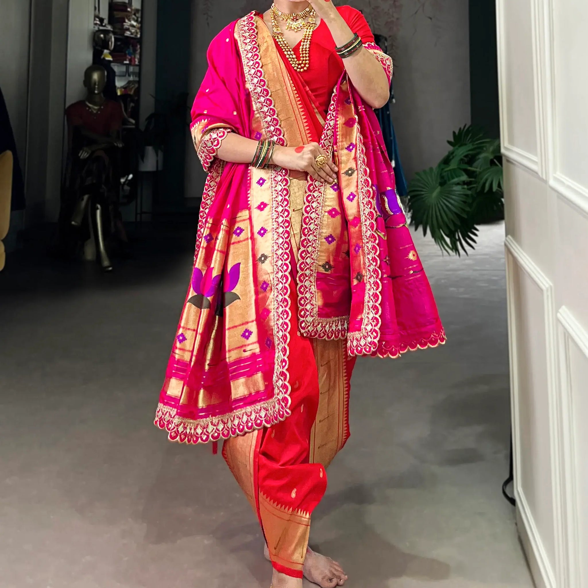 Lovely Red Zari Weaving Jacquard Nauvari Traditional Paithani Saree With Dupatta - Zeel Clothing