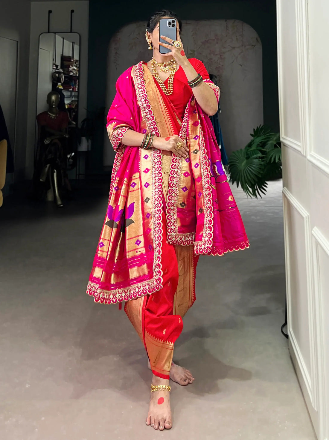 Lovely Red Zari Weaving Jacquard Nauvari Traditional Paithani Saree With Dupatta - Zeel Clothing