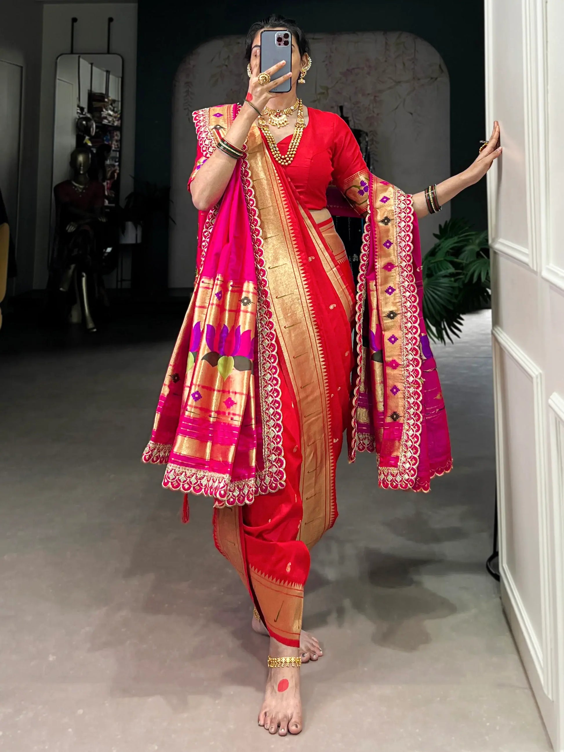 Lovely Red Zari Weaving Jacquard Nauvari Traditional Paithani Saree With Dupatta - Zeel Clothing