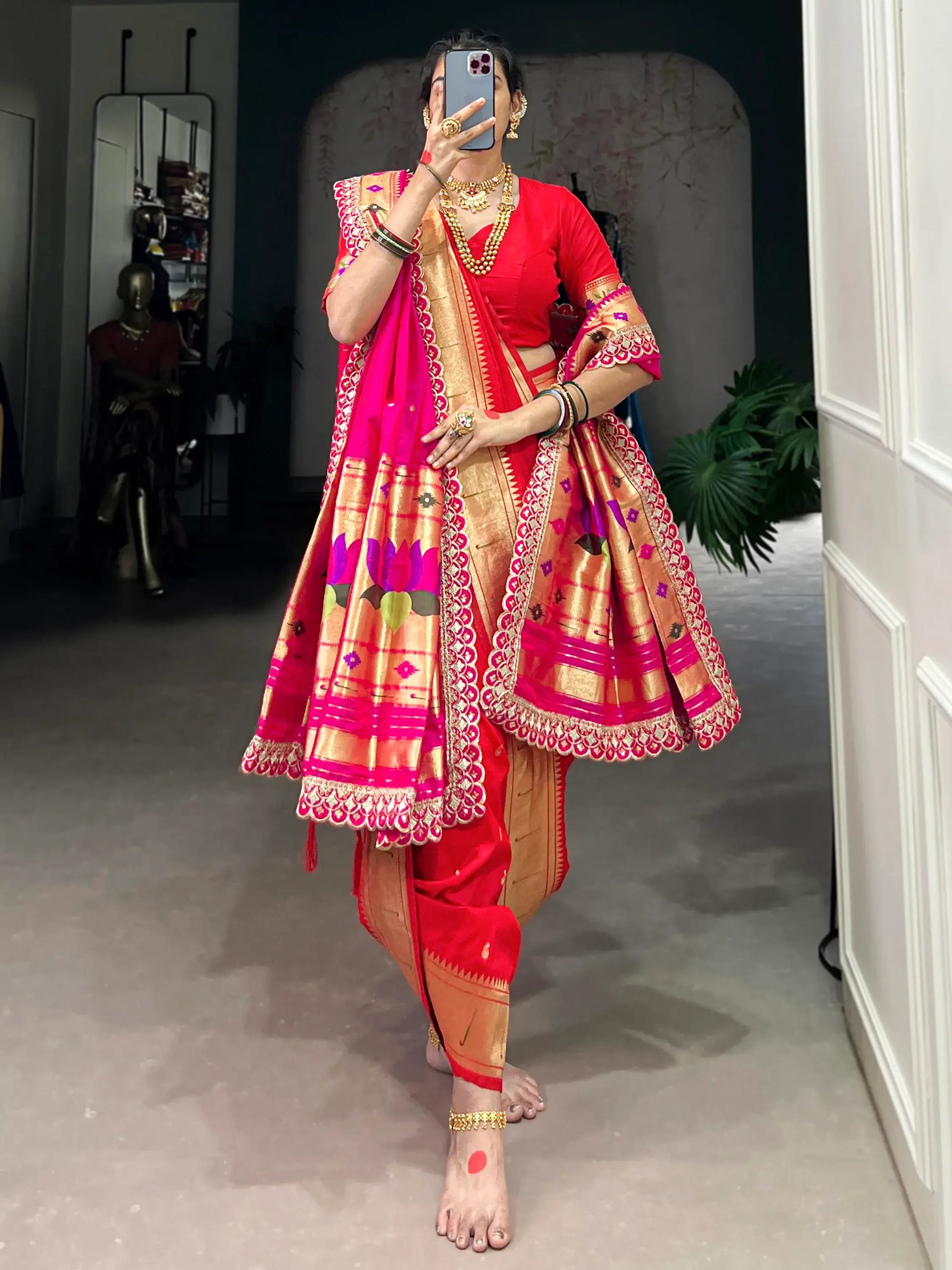 Lovely Red Zari Weaving Jacquard Nauvari Traditional Paithani Saree With Dupatta - Zeel Clothing