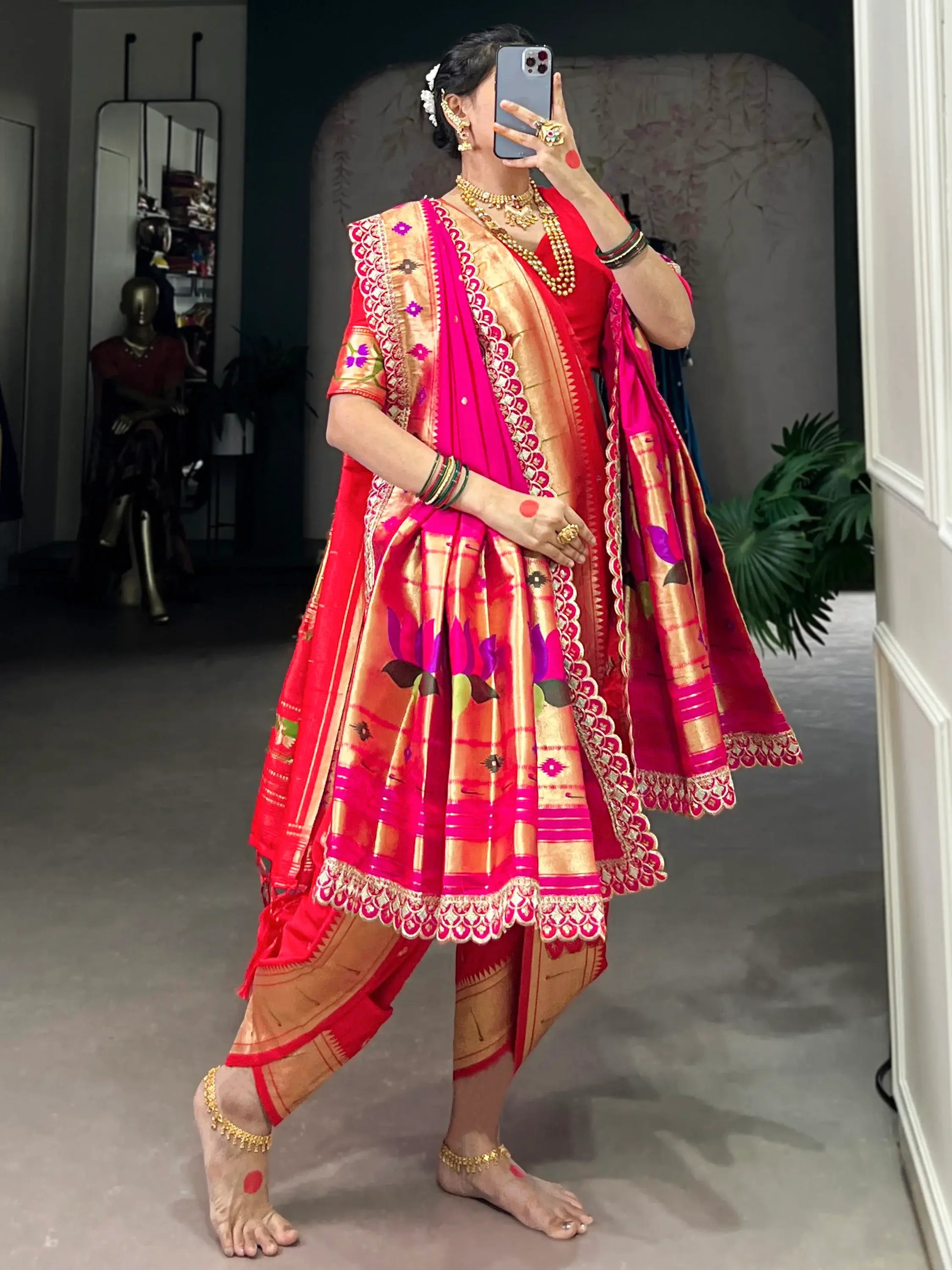Lovely Red Zari Weaving Jacquard Nauvari Traditional Paithani Saree With Dupatta - Zeel Clothing