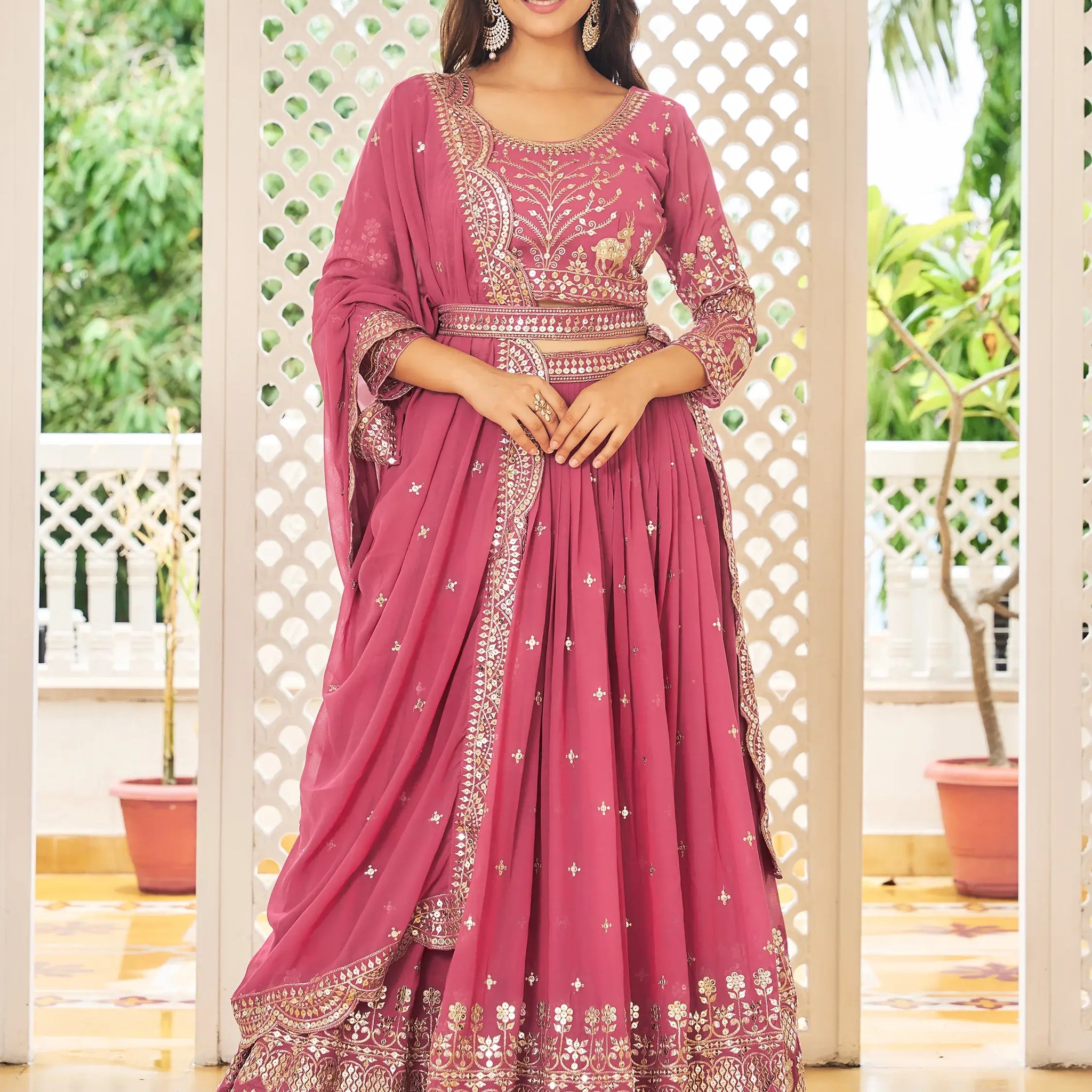 Lovely Rose Pink Sequins Work Georgette Wedding Wear Lehenga Choli With Dupatta - Zeel Clothing