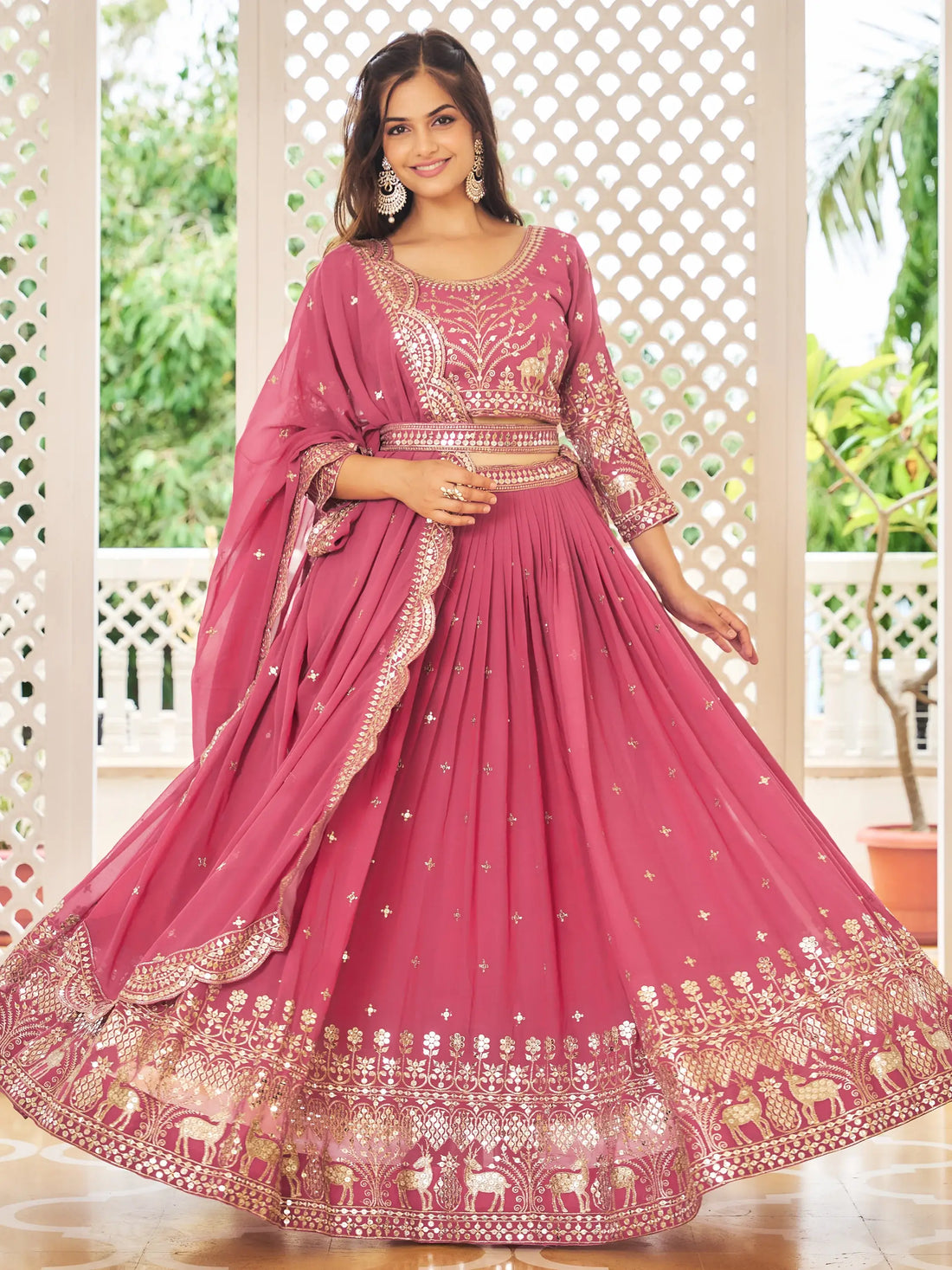 Lovely Rose Pink Sequins Work Georgette Wedding Wear Lehenga Choli With Dupatta - Zeel Clothing