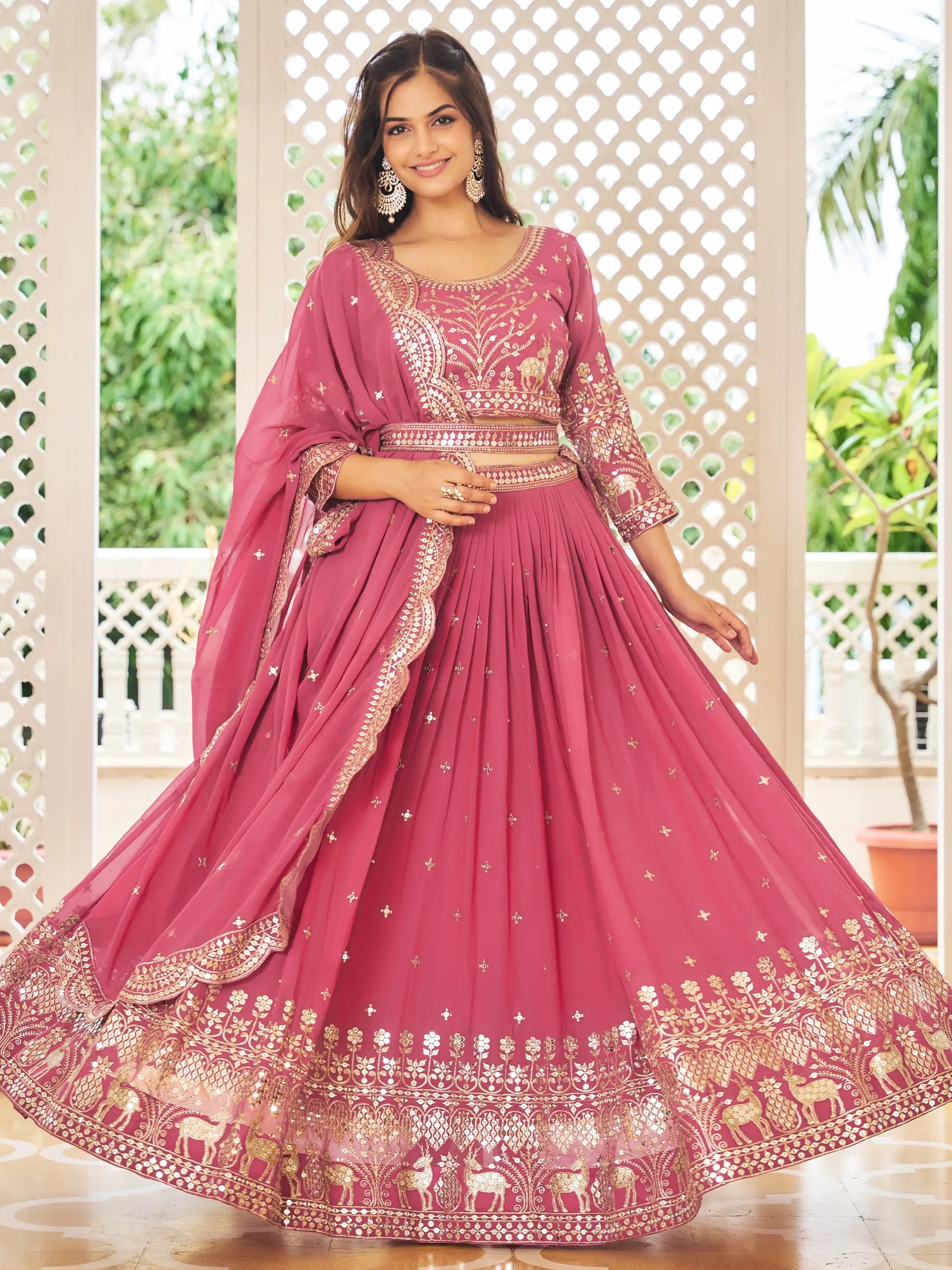Lovely Rose Pink Sequins Work Georgette Wedding Wear Lehenga Choli With Dupatta - Zeel Clothing