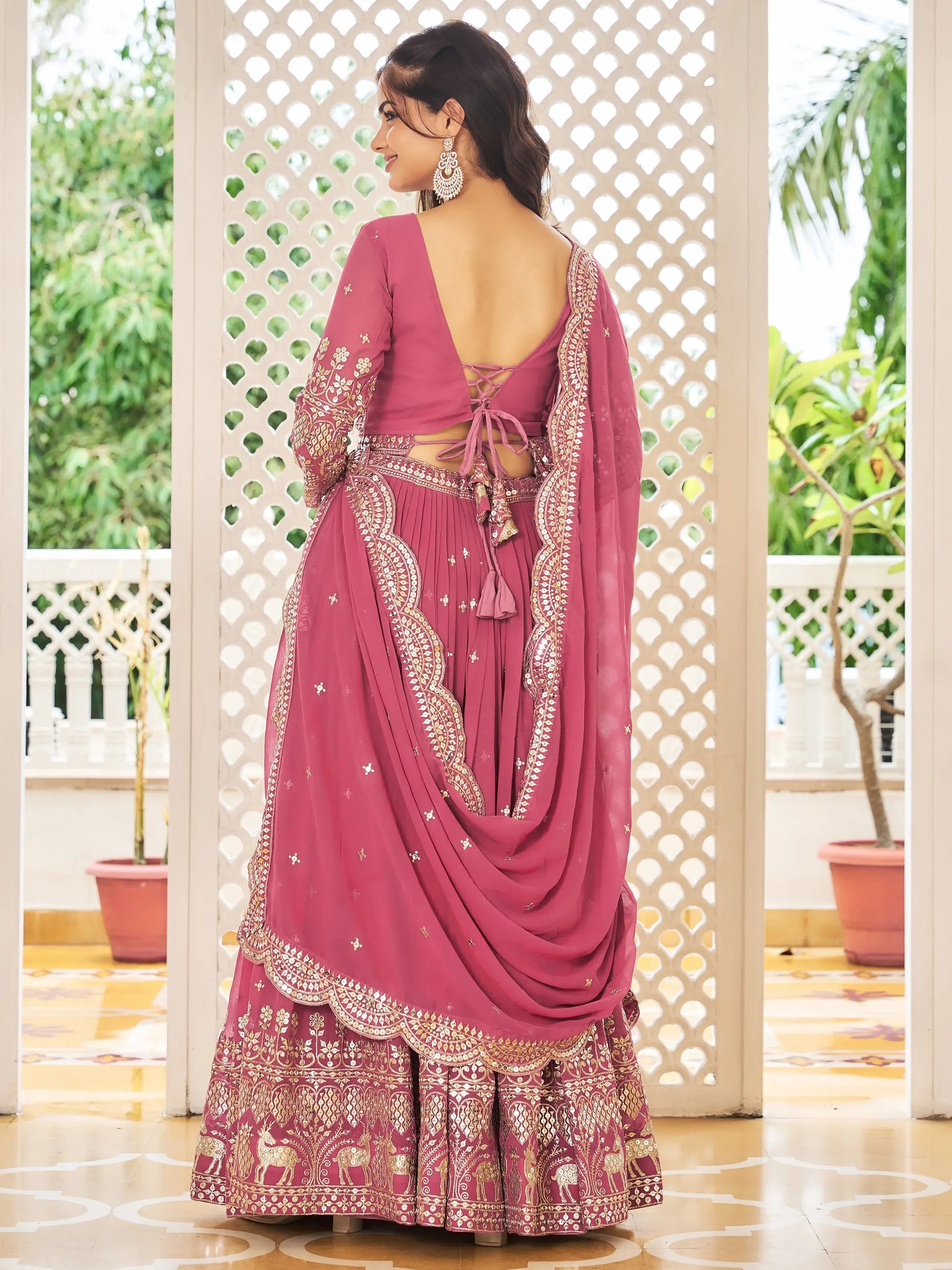 Lovely Rose Pink Sequins Work Georgette Wedding Wear Lehenga Choli With Dupatta - Zeel Clothing