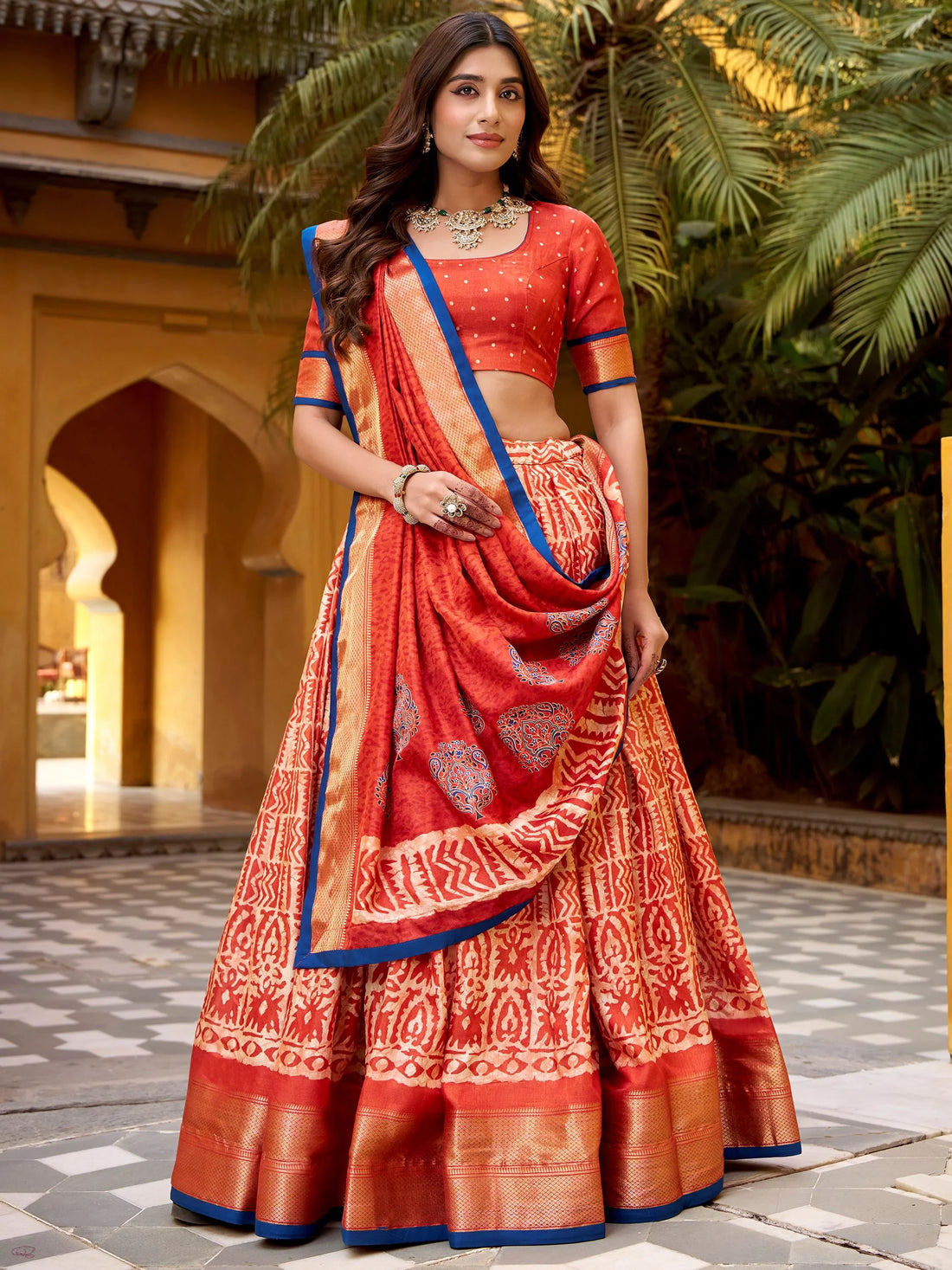 Lovely Rust Orange Printed Dola Silk Festive Wear Lehenga Choli With Dupatta