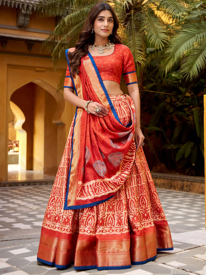 Lovely Rust Orange Printed Dola Silk Festive Wear Lehenga Choli With Dupatta