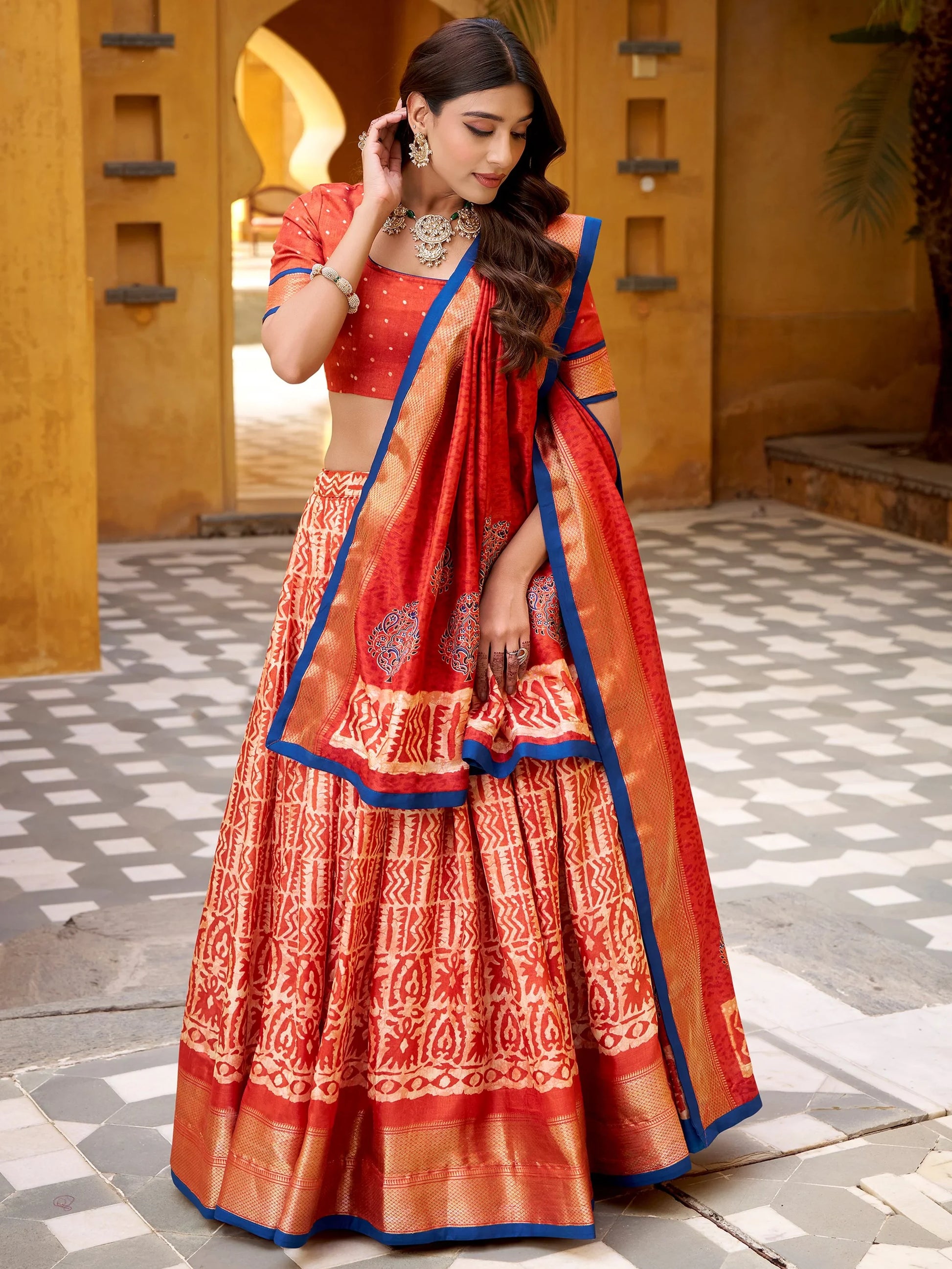 Lovely Rust Orange Printed Dola Silk Festive Wear Lehenga Choli With Dupatta