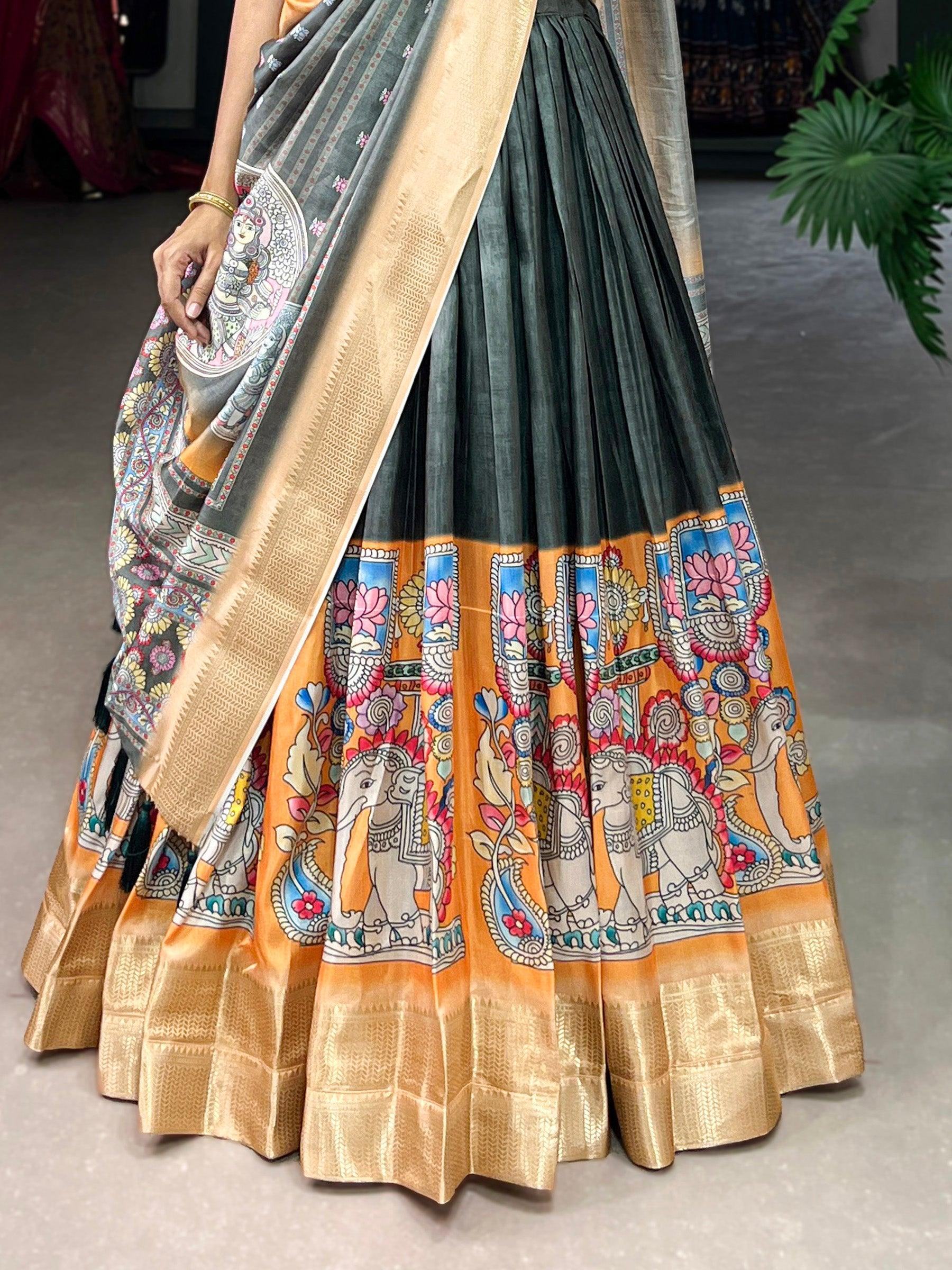 Lovely Sage Green Kalamkari Printed Dola Silk Traditional Lehenga Choli