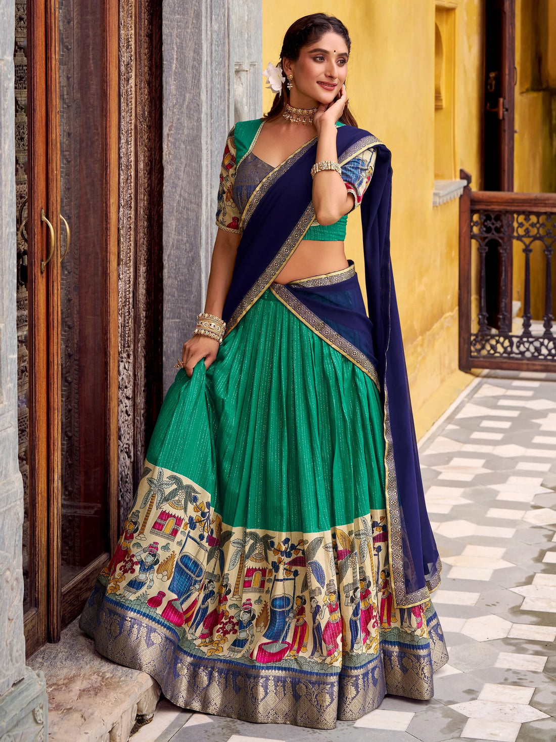 Lovely Sea Green Kalamkari Print Chanderi Silk Traditional Half Saree Lehenga
